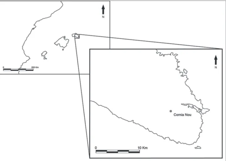 Figura 1. Localización del yacimiento de Cornia Nou (Menorca, Islas Baleares). 
