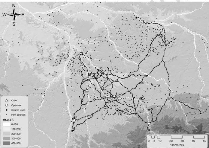 Figure 2. Raw material network in the Creuse Valley during the Upper Solutrean, defined by least-cost paths  between sources and discard sites