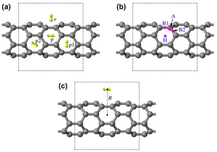 Figure 1: (a) Typical orientations of H 2 around SWCNT. Adsorption sites of H 2 on SWCNT.
