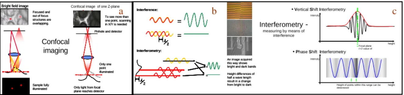 Figure 1. (a) Confocal imaging composition, (b) Interferometry imaging composition and (c) PSI 