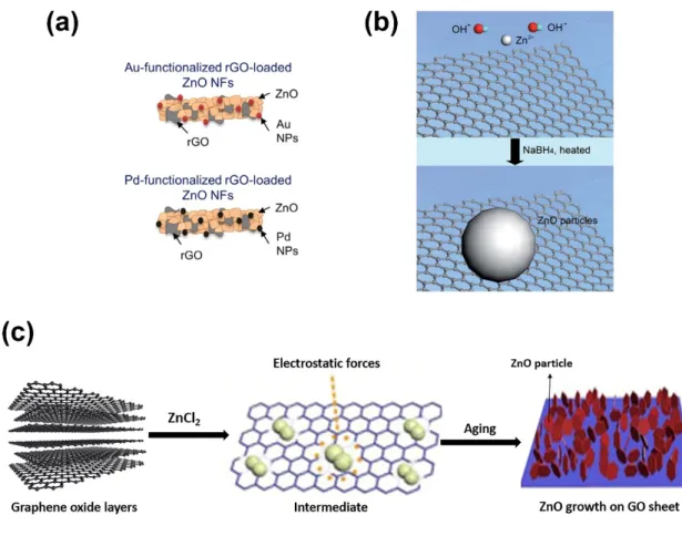 Figure 5.  (a) Synthesis based on electrospinning for Au- or Pd-functionalized rGO-loaded ZnO 
