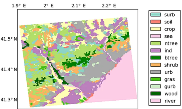 Figure 2. Distribution of the land-use types used in the UrbClim simulations, which were derived from the CORINE dataset.