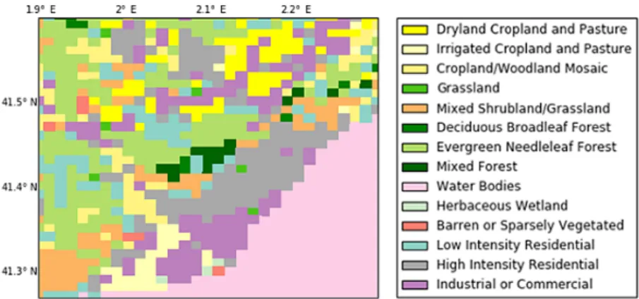 Figure 3. Distribution of the land-use types used in the WRF simulation. They were mapped from the CORINE dataset to the USGS classes.