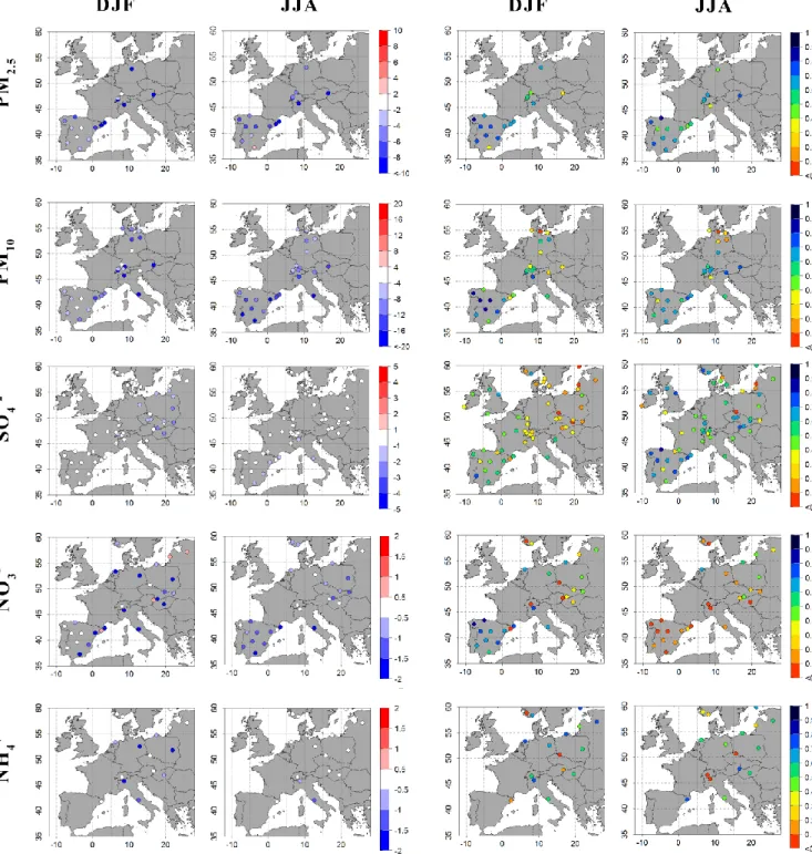 Fig. 3. Spatial distribution of mean bias (left panels; in µg m − 3 ) and correlation coefficient (right panels) at all stations for PM 2.5 , PM 10 , sulphate (SO − 4 2 ), nitrate (NO −3 ) and ammonium (NH +4 )