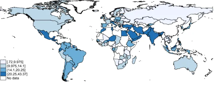 Figure 3: World map of total income losses due to gender gaps [.72,9.975] (9.975,14.1] (14.1,20.25] (20.25,43.37] No data