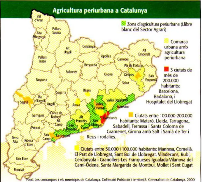 Figura 2: Classificació de les comarques i zones d’agricultura periurbana a Catalunya segons el  Llibre Blanc del sector agrari i extret de RODA, R