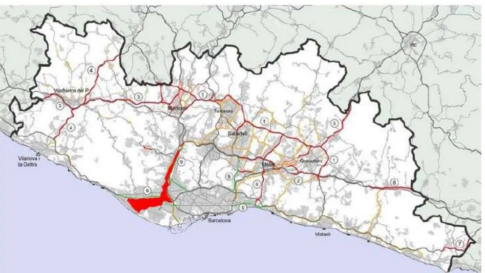 Figura 11. Mapa de la ubicació del Parc Agrari del Baix Llobregat (ressaltat en color vermell) en relació amb la Regió Metropolitana de  Barcelona, obtingut a la web  http://www.agroterritori.org/ficha.php?id_nivell3=36