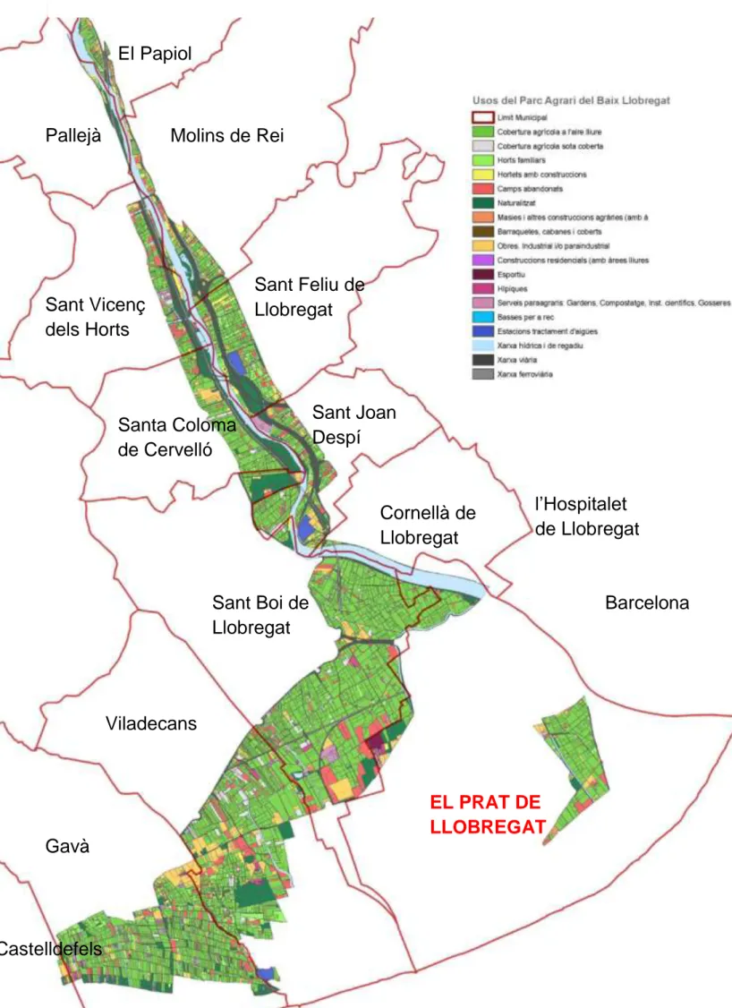 Figura 13. Mapa de la ubicació del Parc Agrari del Baix Llobregat, municipis que ocupa i usos del  sòl, a partir del web  http://www.agroterritori.org/ficha.php?id_nivell3=36