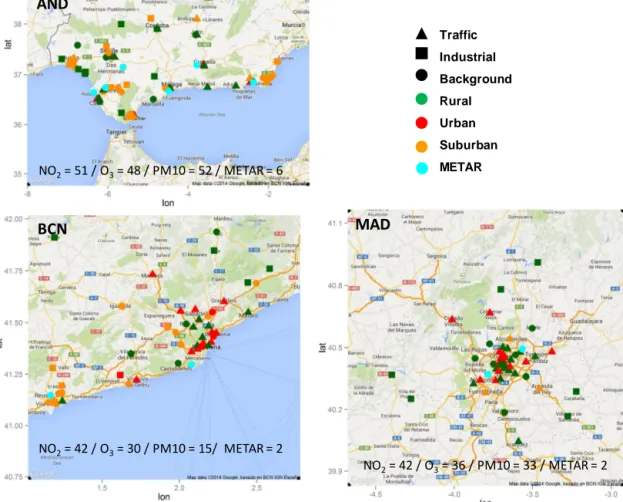 Figure 2. Air quality stations for NO 2 , O 3 and PM 10 in the three domains under study (AND, BCN and MAD) in April 2013