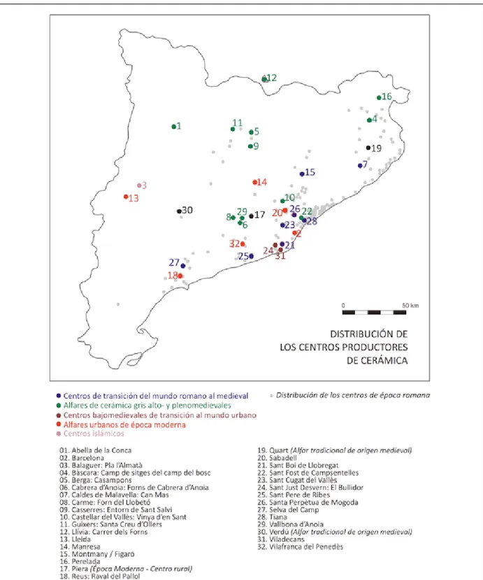 Fig. 3: Distribución de los principales centros productores de cerámica de Época Medieval documentados  en Cataluña