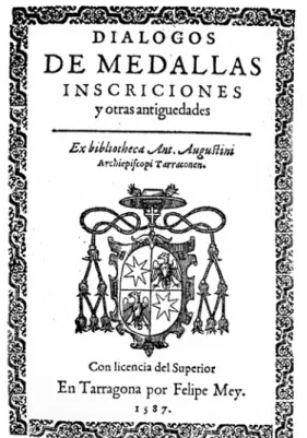 Fig. 4 - Portada del Dialogos de Medallas. En Tarragona por Felipe Mey, 1587.