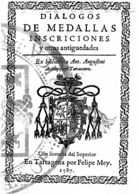 Fig. 1 - Portada del Dialogos de Medallas. En Tarragona por Felipe Mey, 1587.