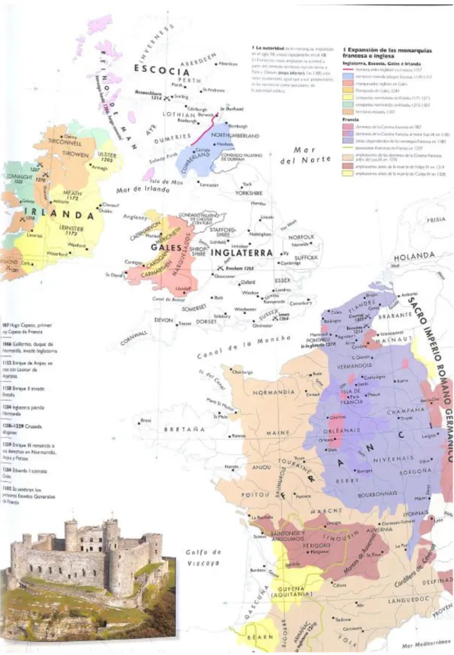Ilustración 5. Mapa que ilustra la expansión de las monarquías francesa e inglesa. 