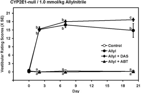 Figure 8. Effects of the non selective P450 inhibitor 1-aminobenzotriazole (ABT) and the CYP2E1- CYP2E1-selective inhibitor diallylsulfide (DAS) on the vestibular toxicity of allylnitrile (1.0 mmol/kg) in male 