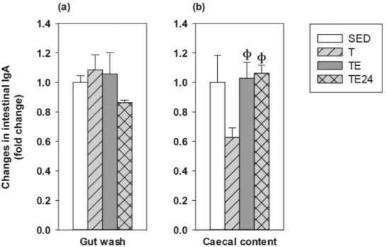 Figure 3.  Changes in gut wash IgA (a), and caecal content IgA (b) concentration compared to the sedentary 