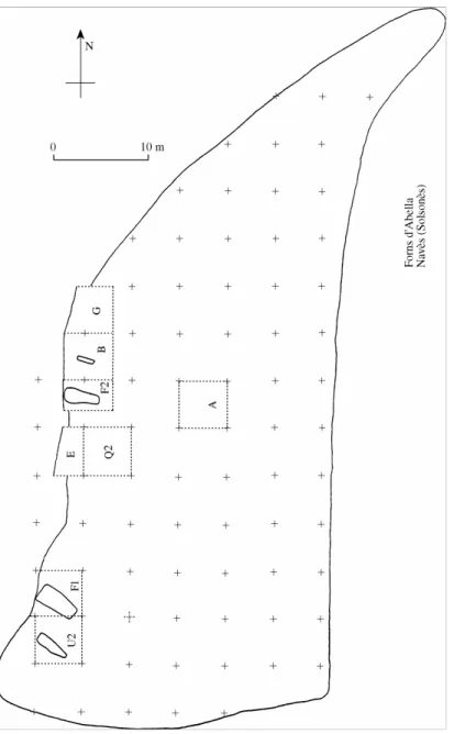 Figure  1.  Area  where  the  workshop  of  Abella  was  found.  The  surveyed  areas  are  labelled