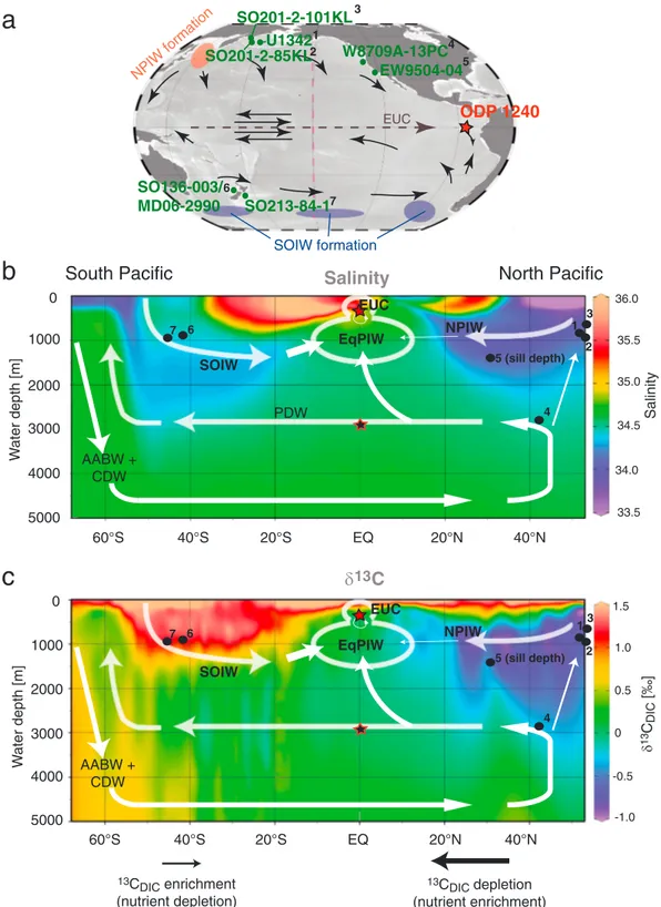 Figure 1. Overview of Paci ﬁc Ocean current system and hydrography. (a) Major subsurface currents that are mentioned in the text (after Kessler, 2006; Tchernia, 1980; Tomczak &amp; Godfrey, 2005)