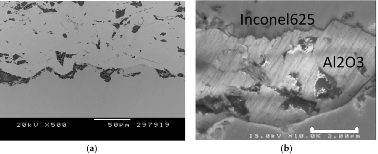 Figure 3 a shows the coating–substrate interface, where many alumina particles can be observed