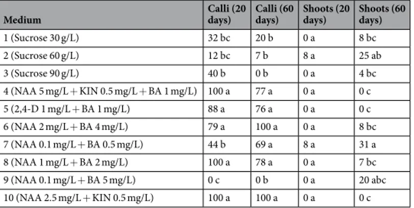 Table 3.  Effects of different media on the callus and shoot formation percentage of R
