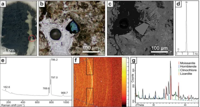 Figure  7.  Moissanite  crystal  hosted  in  the  chromitite  altered  silicate  matrix:  (a)  Thin  section 