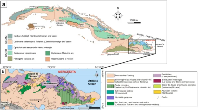Figure  1.  (a)  Generalized  geologic‐tectonic  map  of  Cuba;  (b)  Schematic  geological  map  of  the 