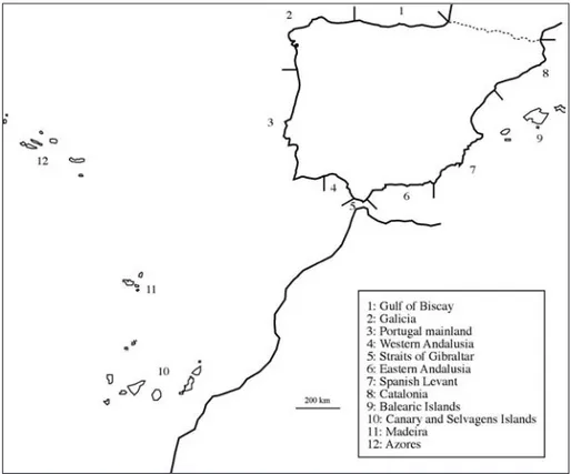 Figure 1. Geographical study areas (most of them are delimited by arrows)