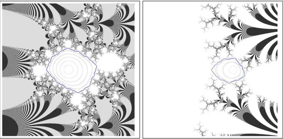 Figure 2. Left: Julia set for a parameter in a semi-hyperbolic component (for the asymptotic value)