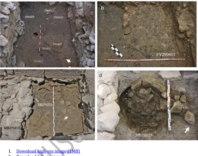 Fig. 6. a–b) Hearth FY290411, EN2; c–d) Mud oven FR270223, LN1. Extracted from  Ramon and  Maraoui, 2011 : a–b) Figs