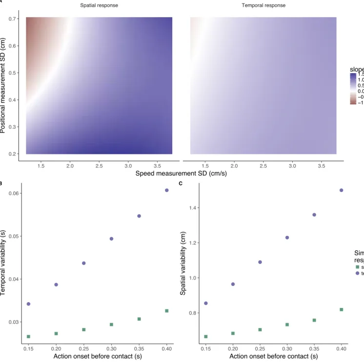 Figure 7. (A) Mean of slopes ratio obtained from the simulated data (color gradient) as a function of the speed measurement SD (x- (x-axis) and the positional measurement SD (y-axis)