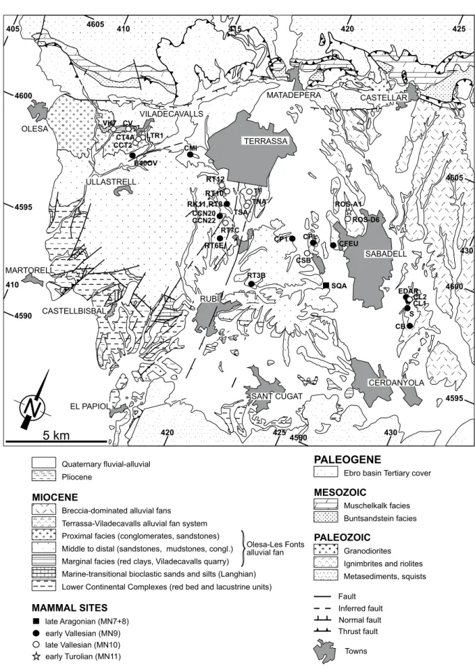FIGURE 2.  Detailed geological map of the western Vallès sector (see Fig. 1) showing the position of the main mammal sites (modified after Garcés et 