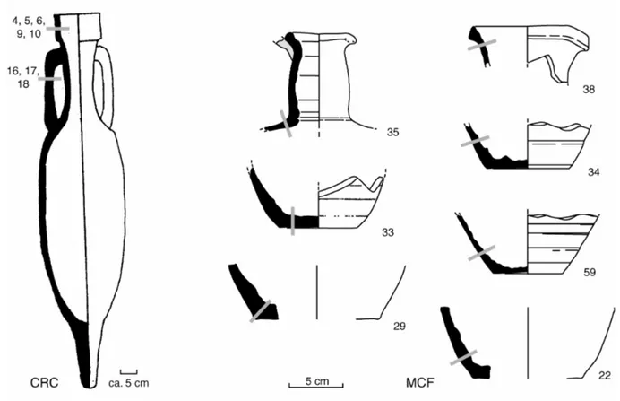 Fig. 2: Drawings of the analysed vessels. The position of the measured profiles is indicated by  grey bars
