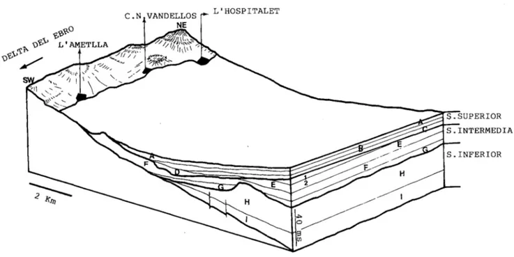 Figura  6.-  Bloque  diagrama  que muestra  la  estructura  sedimentaria de  conjunto de las unidades  diferenciadas