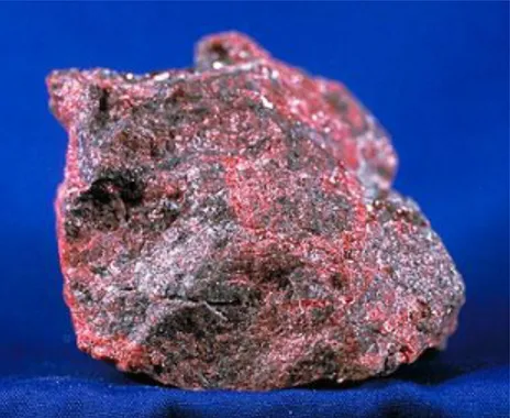 Figure 1. Cinnabar, the principal ore of mercury (Andel, 23/12/13 via Wikimedia Commons, Creative  Commons Attribution)