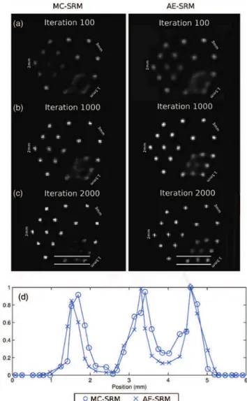 Figure 3 shows transaxial slices and profiles of hot rod sec- sec-tion reconstrucsec-tions using MC-SRM and AE-SRM