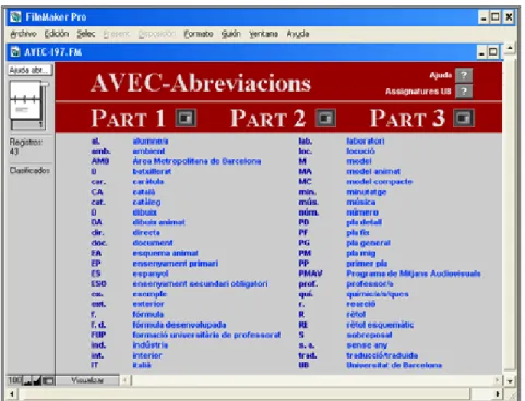 Figura 7.5.6. Pantalla corresponent a la llista d’abreviacions emprades en la base de dades AVEC