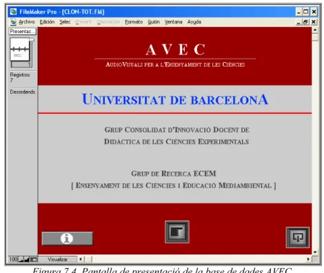 Figura 7.4. Pantalla de presentació de la base de dades AVEC. 