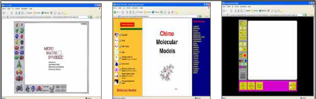 Figura 9.4.1.7. Arizona. Pantalles de presentació dels applets Micro-Macro-Symbolic,   3D-Molecular Builder i Chimenol