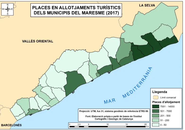 Figura 12: Places en allotjaments turístics dels municipis del Maresme (Font: Elaboració pròpia a partir de bases de l’ICGC).
