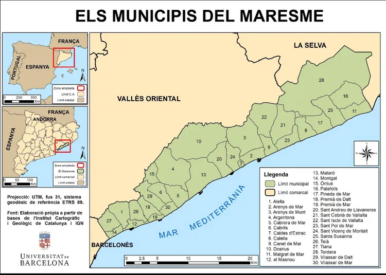 Figura 1: Mapa de localització de la comarca del Maresme i els municipis que la componen (Font: Elaboració pròpia a partir de bases 
