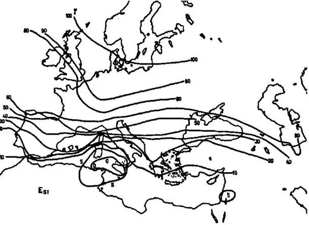 Figura 7. Clina latitudinal de la freqüència de l’ordenament E ST  a la regió paleàrtica