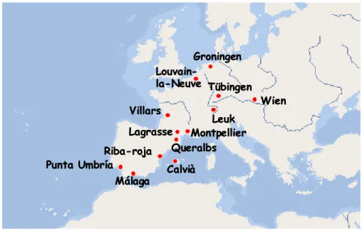 Figura 10.  Mapa de la regió paleàrtica on s’indiquen les poblacions analitzades. 