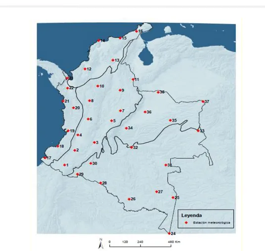 Figura 4. Localización de las estaciones meteorológicas seleccionadas. Numeración de 