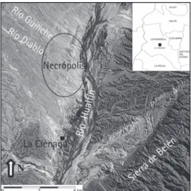 Figura 1. Ubicación de la necrópolis de La Ciénaga, en  la margen occidental del Río Hualfín.