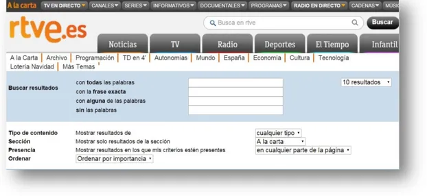 Figura 3. Búsqueda avanzada del archivo en línea de RTVE, ejemplo de Tipos de consulta (indicador C1) 