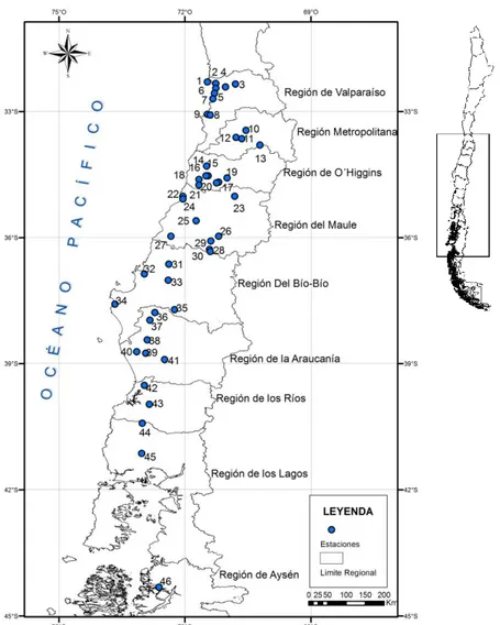 Figura  3. Mapa  de  ubicación de  las estaciones  pluviométricas  seleccionadas  para  el  Período  1980 – 2010