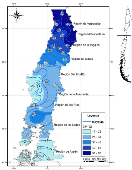 Figura 5. Isoyetas de los valores del coeficiente de variación de la pluviometría anual entre las regiones V-XI  de Chile continental (período 1980-2010)