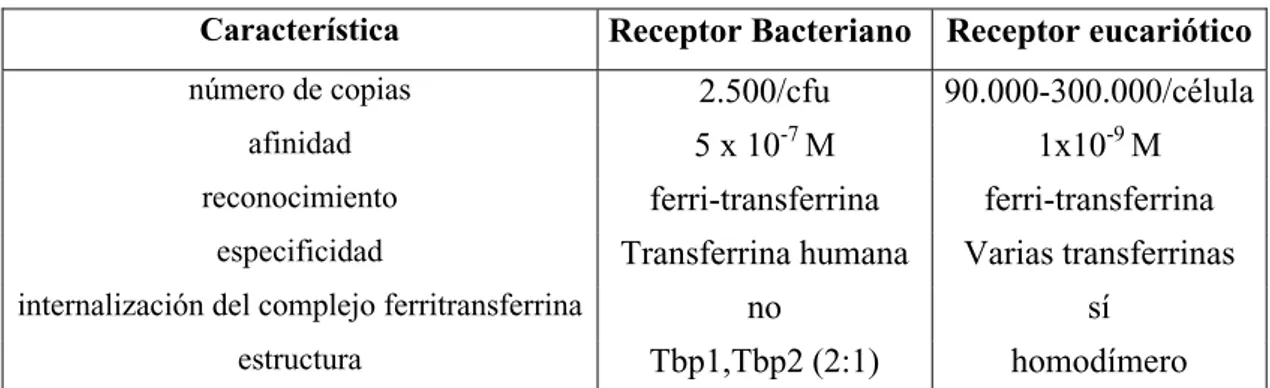 Tabla 1.2. Características de los receptores de transferrina bacterianos y eucarióticos.
