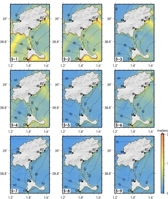 Figura 7. Mapas de elevación de ola máxima y tiempos estimados de viaje del tsunami en las islas de Ibiza  y Formentera según las 9 fuentes tsunamigénicas definidas por Álvarez-Gómez et al