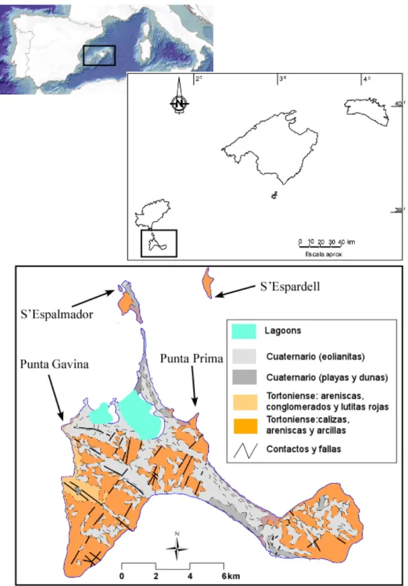 Figura 1. Mapa geológico de Formentera y localización de las 4 áreas de estudio. 