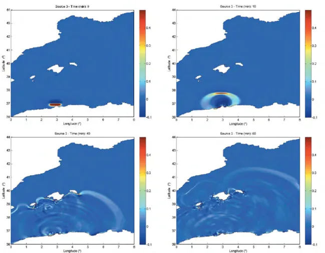 Figura 6. Modelización de las fuentes tsunamigénicas del N de Argelia y el efecto de escudo de las islas  Baleares frente la Península Ibérica definidas por Álvarez-Gómez et al